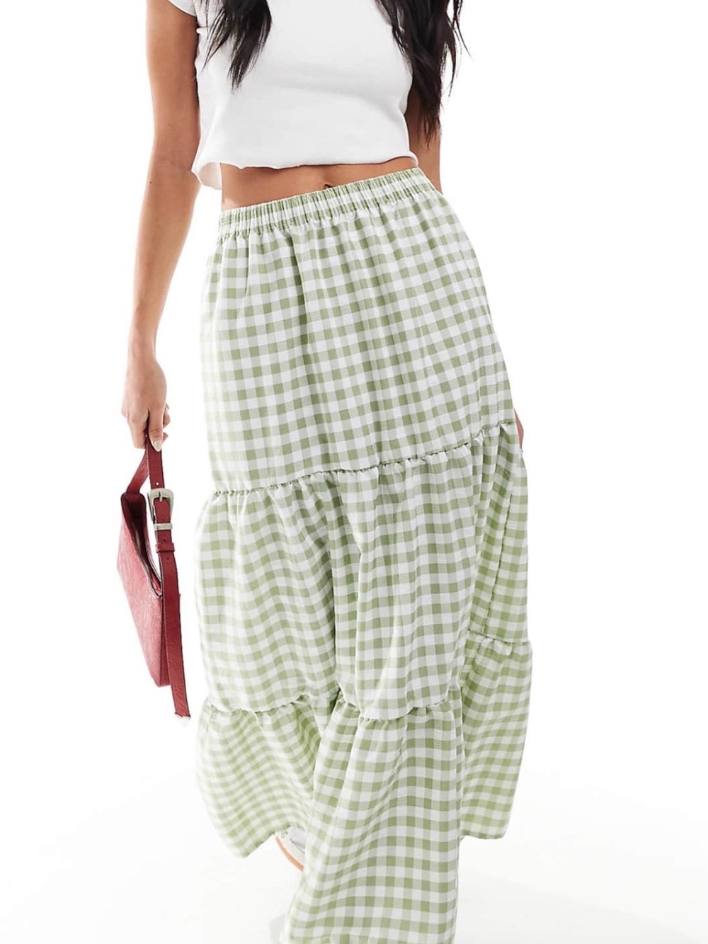 Canton walker Light Green Gingham Tiered Maxi Skirt